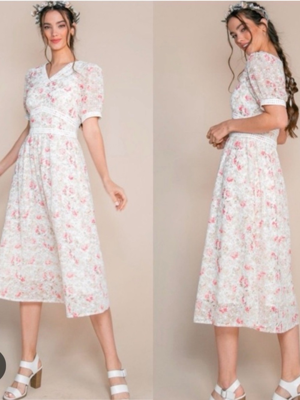 Ivy City Co | Essie Eyelet Dress | White Maxi Dress with Pink Floral Print